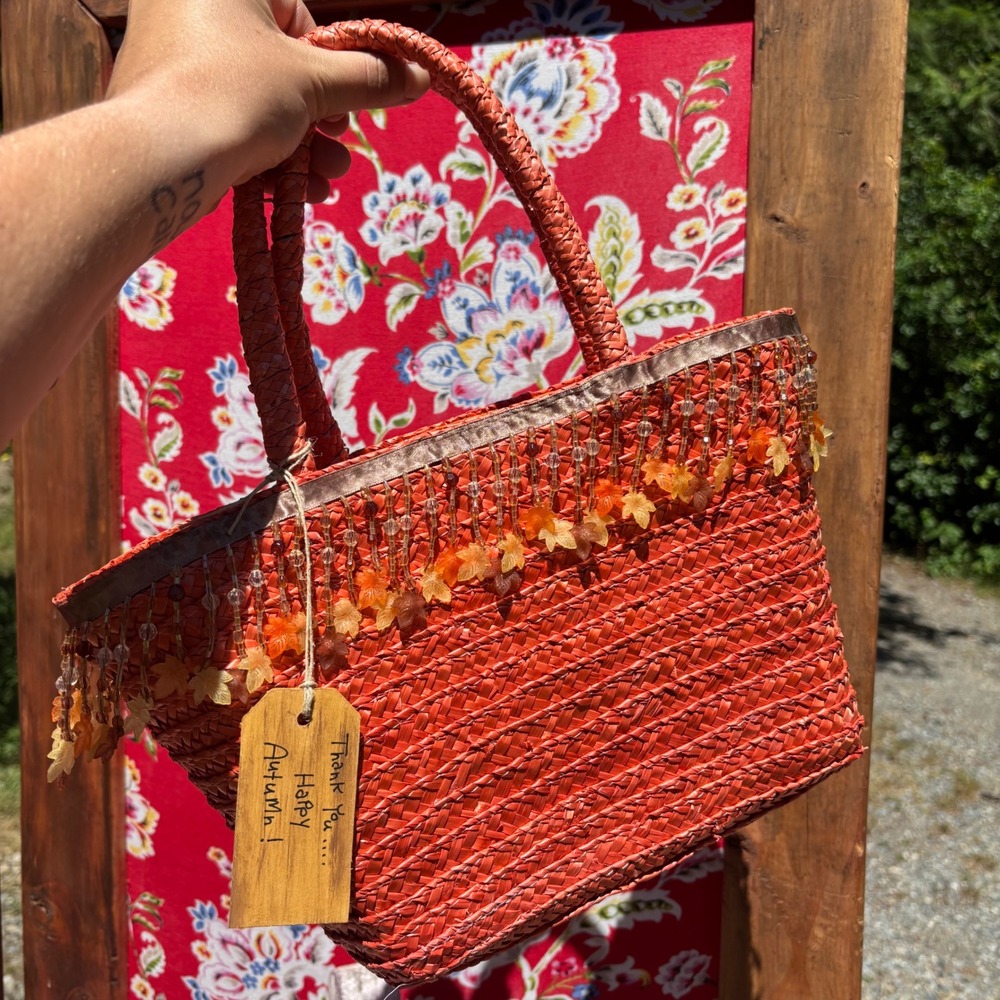 NWT Orange Straw Autumn Decorative Beaded Picnic Cottagecore Shoulder/Tote Bag - Picture 6 of 6
